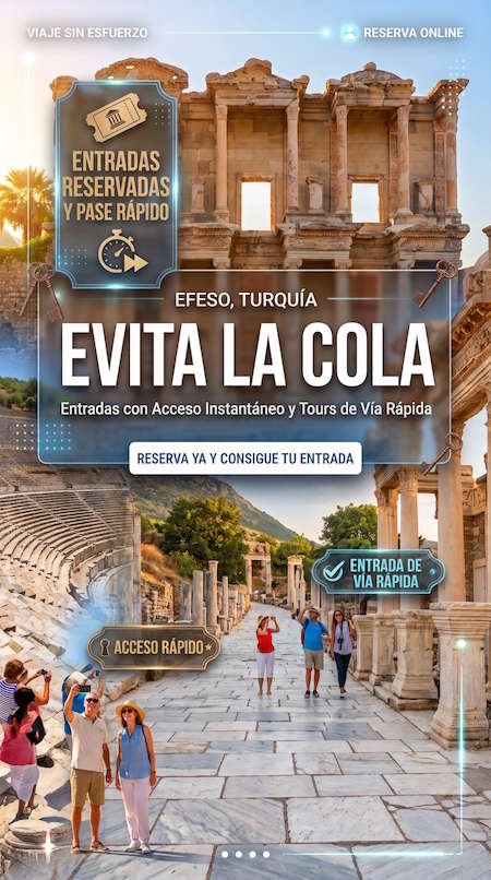 Cartel vertical «Evita la cola — Éfeso, Turquía»: entradas reservadas con pase rápido y acceso instantáneo a la calle de mármol de Éfeso