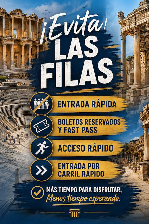 Cartel vertical «¡Evita las filas!» sobre la Biblioteca de Celso: entrada rápida, boletos reservados y fast pass, acceso por carril rápido, más tiempo para disfrutar y menos tiempo esperando