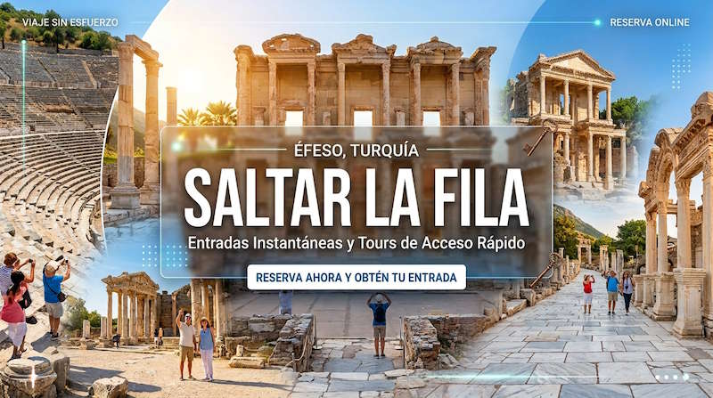 Cartel «Saltar la fila — Éfeso, Turquía»: entradas instantáneas y visitas con acceso rápido, sobre el Gran Teatro y la calle de mármol de la ciudad antigua