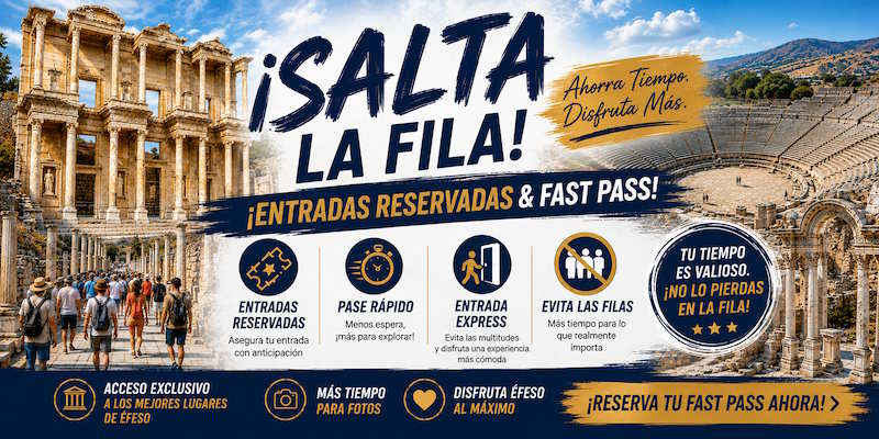 Cartel «¡Salta la fila!» con la Biblioteca de Celso y el Gran Teatro de Éfeso: entradas reservadas y fast pass, pase rápido, entrada exprés y más tiempo para fotos