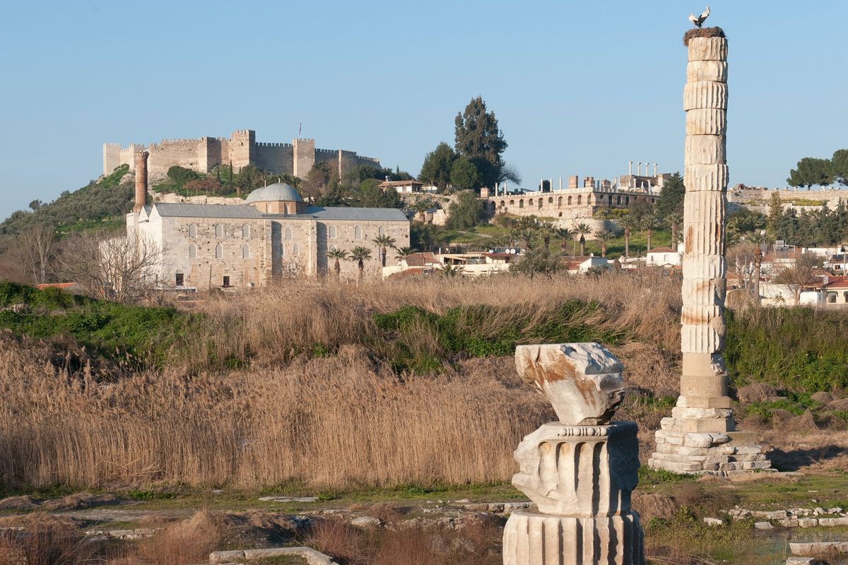 La columna del Artemisión con dos cigüeñas en su nido, un capitel recompuesto en primer plano y, detrás de los juncos secos, la mezquita de İsa Bey y el castillo de Ayasuluk