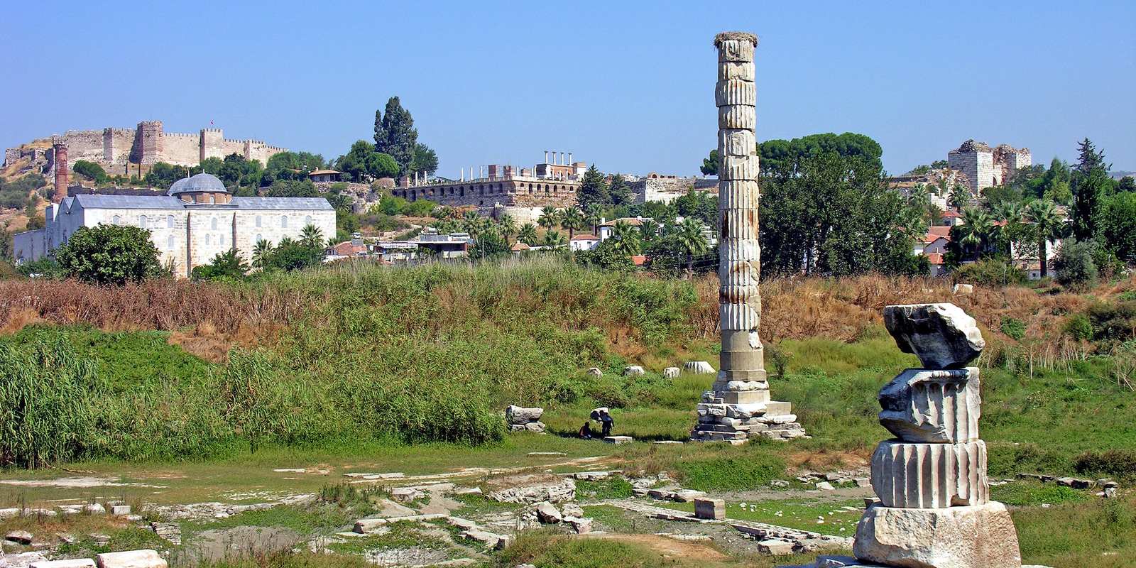La única columna en pie del Templo de Artemisa, con un nido de cigüeñas arriba y un capitel recompuesto delante; al fondo, la mezquita de İsa Bey, la Basílica de San Juan y el castillo de Ayasuluk